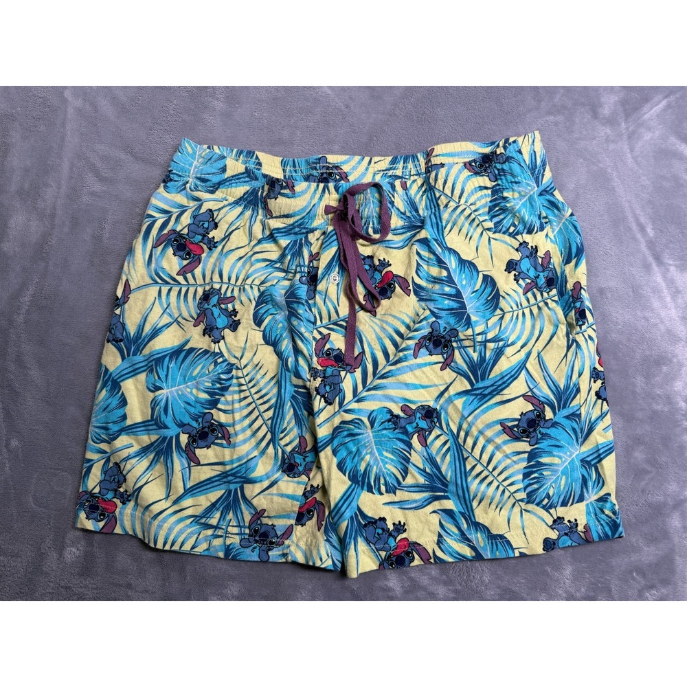 Disney Lilo & Stitch Pajama Lounge Shorts Mens XL Yellow Blue Tropical Palm Leaf
